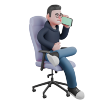 Professional Male Programmer in 3D Animation. A male programmer is sitting on his work chair while his left hand answers a phone call while his right hand is holding his stomach. Tech png