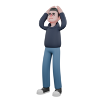 3D Male Tech Character. A male programmer is standing while his two hands are holding his head. Programmer Professional png