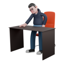 Male Programmer in Tech 3D. A male programmer is standing from his work chair and his right hand is visible on the table and his left hand on his waist. Professional Character png