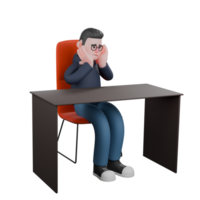 Programmer in 3D. A male programmer is sitting on his desk chair with both hands holding his cheeks. Male Professional png