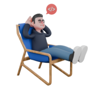 A male programmer is sitting leaning back on a lounge chair with his legs straight forward while both hands are beside his head while above the front of his head a formula symbol can be seen png