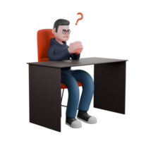 desenho animado ilustrado. uma masculino programador é sentado em dele escrivaninha cadeira enquanto ambos mãos estão apertado juntos e dentro frente do dele cabeça lá é uma questão marca símbolo. programador dentro 3d png