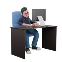 Male Programmer 3D Cartoon. A male programmer is sitting on his desk chair while operating a computer. Professional Tech png