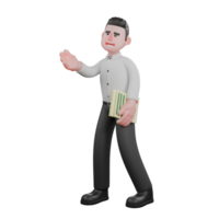 Male Business in Corporate Setting. A male businessman stands with his left hand carrying a document while his right hand is raised up, as if explaining. 3D Character png