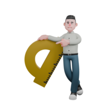 A male writer stands next to a large Protractor Ruler with one hand on the ruler while his left hand points to the ruler. Fiction Writing Expert png