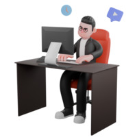 3D Cartoon Editor Character. A male editor is sitting at his work desk with both hands operating the computer. Publishing Expert Model png