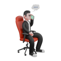 Male Editor Character. A male editor sits in a chair holding a cellphone in his hand, as if he is communicating. 3D Media Editor png