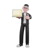 3D Model of Cartoon Editor. A male editor is standing holding a laptop in his right hand while his left hand is pointing at the laptop. Content Management Expert png