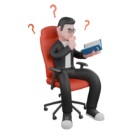 Publishing Expert in 3D. A male editor sits on a jeweled chair holding a book in his left hand and his right hand holding his chin, as if in thought. Cartoon Editor png