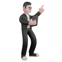 profissional editor 3d arte. uma masculino editor carrinhos com dele certo mão segurando uma tábua enquanto dele esquerda mão pontos para cima. masculino conteúdo editor png
