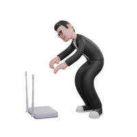Male Editor Publishing Professional. A male editor is standing squatting in front of the router. 3D Cartoon png