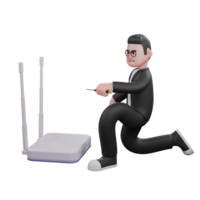 do editor diariamente meios de comunicação Reveja dentro 3d. uma masculino editor é agachado dentro frente do a roteador enquanto segurando uma Chave de fenda, Como E se ele quer para consertar isto. masculino desenho animado png