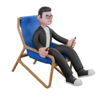Male Editor in Publishing Setting. A male editor is sitting in a lounge chair with both hands holding a pen. 3D Character png