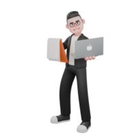 3d publicação personagem. uma masculino editor carrinhos com uma computador portátil dentro dele esquerda mão e uma prancheta dentro dele certo mão. masculino editor ilustrado png