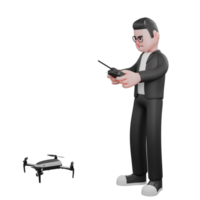 Male Media 3D Animation. A male editor stands in front of a camera drone and holds the drone's remote control in both hands. Editor png