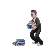 3d masculino editor personagem. uma masculino editor é de pé, agachado, carregando quatro pilhas do livros ocupado a partir de de várias pilhas do livros dentro frente do ele. meios de comunicação profissional png