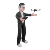 Cartoon Character of Male Editor. A male editor stands with his left hand stretched forward and above him is a drone while his right hand holds the remote control of the drone. 3D Media Illustrated png