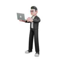 3d modelo do profissional masculino editor. uma masculino editor carrinhos com dele certo mão segurando uma computador portátil enquanto dele esquerda mão é operativo isto. meios de comunicação personagem png