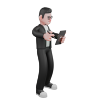 Cartoon Professional Editor. A male editor stands facing left, holding an iped in his left hand and a drawing iped in his left hand. 3D Man png