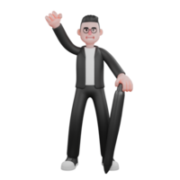 profissional personagem masculino editor. uma masculino editor carrinhos Próximo para uma ampla desenhando tábua com dele certo mão cerrado enquanto dele esquerda mão detém a desenhando tábua. 3d ilustrado png