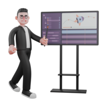 Professional 3D Male Editor. A male editor stands next to a presentation board while holding a stick in his left hand.Media Character png