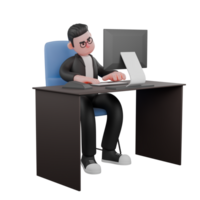 3D Illustrated of Professional Male Editor. A male editor is sitting while typing on a keyboard that is right in front of the monitor screen on his desk. Media png