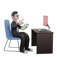 masculino profissional editor 3d personagem. uma masculino editor é sentado dentro frente do a monitor em dele escrivaninha enquanto operativo uma tábua. meios de comunicação png
