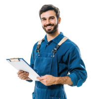 Smiling auto mechanic man with hand holding a clipboard, standing isolate on transparent background png
