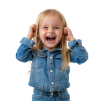 Pretty little girl laughing with excitement, head in hand, standing front view isolate on transparent background png