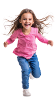 Little girl with excited smile he is run in air, Full length, isolate on transparent background png