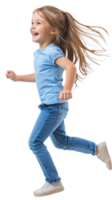 Little girl with excited smile he is run in air, Full length, side view isolate on transparent background png