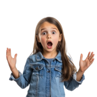 Shocked facial expression little girl student with hand open, standing isolate on transparent background png