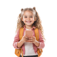 Happy smiling little girl student using smart phone, standing front view isolate on transparent background png