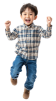 Little boy with excited smile he is run in air, Full length, isolate on transparent background png