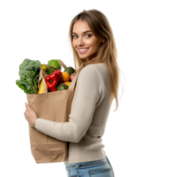 Smiling Woman holding Groceries shopping bag side view isolate on transparent background png