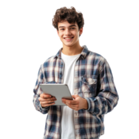 Cheerful young man student freelancer using digital tablet, standing front view isolate on transparent background png