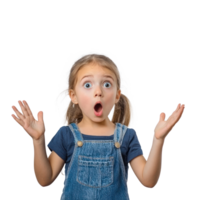 chocado facial expressão pequeno menina aluna com mão abrir, em pé isolar em transparente fundo png