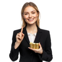 Smiling young businesswoman holding gold coins stack with hand pointing at empty space, standing front view isolate on transparent background png