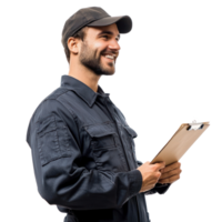 Smiling auto mechanic man with hand holding a clipboard, standing side view isolate on transparent background png