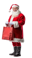 Smiling Santa Claus holding red shopping bag, full length side view isolate on transparent background png