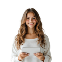 Cheerful young woman student freelancer using digital tablet, standing front view isolate on transparent background png