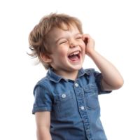 Pretty little boy laughing with excitement, head in hand, standing isolate on transparent background png