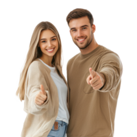 Smiling young man and woman pointing at camera, standing side view isolate on transparent background png