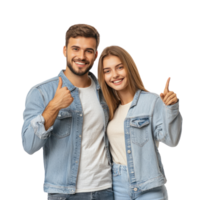 sonriente joven Pareja abrazando con mano señalando a Copiar espacio, en pie frente ver aislar en transparente antecedentes png