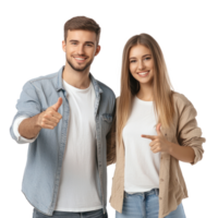 Smiling young man and woman pointing at camera, standing front view isolate on transparent background png