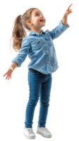 Excited little girl student floating in air with hand pointing at right side copyspace, Full length, side view isolate on transparent background png