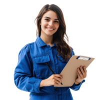 Smiling auto mechanic woman with hand holding a clipboard, standing isolate on transparent background png