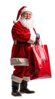Smiling Santa Claus holding red shopping bag, full length side view isolate on transparent background png