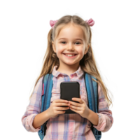 Happy smiling little girl student using smart phone, standing front view isolate on transparent background png