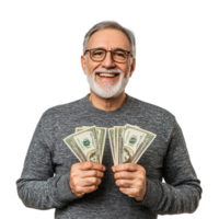 Happy senior man holding a bunch of US dollar money with gesture yes, standing isolate on transparent background png